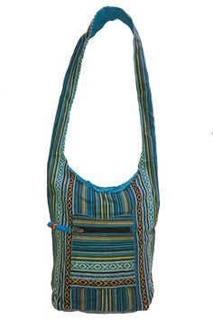 "Our Sunshine Joy Woven Shoulder Hobo Bags are perfect for the person on the go. Great for trips to the beach, camping, festivals, picnics, a night out and more.  These high-quality bags feature a sturdy double interlocking \"lockable\" zipper top, a secure, zippered pocket on the outside of the bag, and an inner pouch.   This bag measures approximately 13 x 14 x 4 inches (H x L x W) with a 20\" fixed strap.  100% cotton. Made in India." Blue Travel Shoulder Bag With Zipper Closure, Blue Shoulder Bag With Zipper For Travel, Blue Shoulder Bag With Zipper Closure For Travel, Casual Blue Hobo Bag For Travel, Blue Rectangular Hobo Bag With Zipper Pocket, Green Summer Shoulder Bag With Zipper Closure, Green Shoulder Bag With Zipper For Summer, Casual Blue Hobo Bag With Zipper Closure, Green Summer Bags For Outdoor Activities