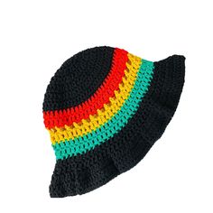 a multicolored knitted hat is shown on a white background with clippings