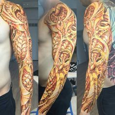 a man with tattoos on his arms and arm is shown in three different angles, including the