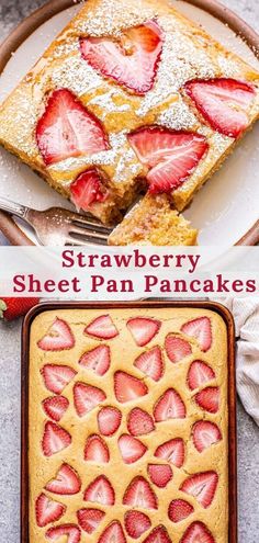 strawberry sheet pan pancakes are topped with powdered sugar and fresh strawberries on top