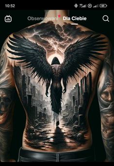 the back of a man's body with an angel and skull tattoo on it