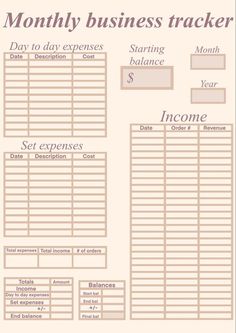 a printable business tracker is shown with the words, money and other items on it