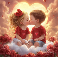 two children sitting on clouds kissing each other with hearts in the sky and roses around them