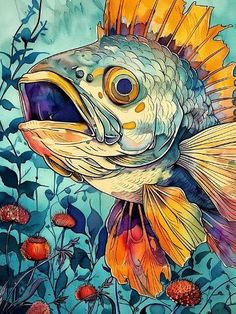 a painting of a fish in some flowers