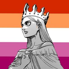 a woman with a crown on her head in front of a rainbow colored background,