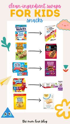 Clean ingredient swaps for kids for non-toxic living. Healthy Snack Replacements, Non Toxic Snacks, Clean Snacks For Kids, Healthy School Snacks For Kids, Organic Dye Free Snacks, Nut Free Snacks For Kids, Healthy Snack Options For Kids, Dye Free Snacks For Kids, Healthy Snack Swaps