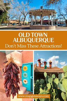 an old town with cactuses and other things to see in the background, including a gazebo