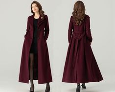 "FEATURES 50% wool, 50% wool blend Fully liner with polyester Two side pockets Lapel collar Long sleeve Button closure in front Belt waist With brooch ( you can choose it or not ) Long wool coat For Winter, Autumn dry clean ★★Mode size Height 170cm (5′ 7″)  Bust 84 cm (33\")  Waist 66 cm (26\")  She wears size XS. ★★Bespoke Order Service If you Request other color Request the length Your height is not between 155 cm- 175 cm Your weight is not between 47 kg -77 kg I can do it for you, It will nee Long Winter Dress Coat, Winter Long Coat Outfits, Winter Wool Coat, Long Coat With Skirt, Coat And Pants Women, A Coat Outfit, Coat Collar Pattern, Coat And Shoe Storage Entryway, Coat Closet To Mudroom