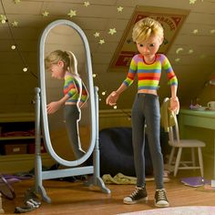 two dolls standing in front of a mirror with stars on the ceiling and one doll is looking at her own reflection