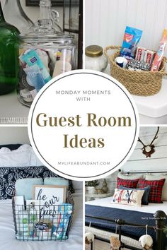 several different pictures with the words guest room ideas on them and various items in baskets