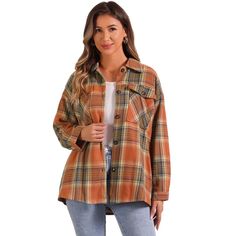 Designed with a loose fit and drop shoulder sleeves, this shirt offers a relaxed and comfortable feel. It drapes effortlessly on the body, allowing for ease of movement and optimal comfort throughout the day. This versatile plaid shirt can be dressed up or down for various occasions. Pair it with jeans and sneakers for a laid-back weekend look, or tuck it into a skirt and add heels for a more polished ensemble. It seamlessly transitions from day to night. Crafted from materials, this shirt is so Cheap Trendy Flannel Shirt With Pockets, Cheap Plaid Summer Blouse, Cheap Spring Flannel Shirt, Cheap Plaid Shirt For Day Out, Women's Plaid Shirt Casual, Plaid Women Shirt, Women Check Shirt, Cheap Relaxed Fit Flannel Shirt For Spring, Cheap Fall Flannel Workwear Shirt