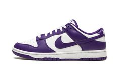 The Nike Dunk Low “Court Purple” is a two-tone, white-and-purple colorway of the retro basketball shoe that was released in 2022.  The “Court Purple” Dunk Low features a white leather base with contrasting Court Purple overlays and Swoosh branding.  White “Nike” branding is embroidered on the heel and Court Purple “Nike” and Swoosh detailing are printed on the white nylon tongue tag on the white nylon tongue.  A two-tone, white midsole and Court Purple rubber outsole completes the look. Dunk Low Court Purple, Mid Jordan 1, Low Jordan 1, All Jordans, Retro Basketball Shoes, Purple Nikes, Sneaker Lovers, Nike Sb Dunk, Purple Shoes