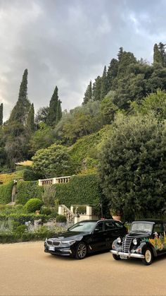 two cars parked next to each other in front of a lush green hillside covered with trees