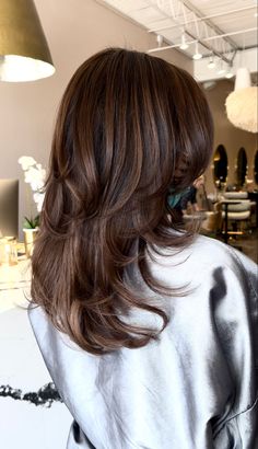 Medium Length Hair With Layers Back View, Brown Highlights With Layers, Layers With Highlights Brunettes, Medium Dark Brown Hair With Layers, Butterfly Cut Mid Length, A Lot Of Layers Haircut Medium, Middle Eastern Hair Color, Half Head Highlights Brown Hair, Amber Brown Hair