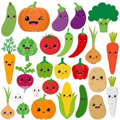 an assortment of vegetables with faces drawn on them