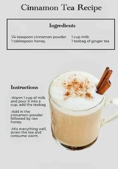 cinnamon tea recipe in a glass mug with cinnamon on top and ingredients to make it