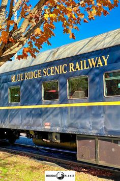 the blue ridge scenic railway train car is parked under a tree with leaves on it