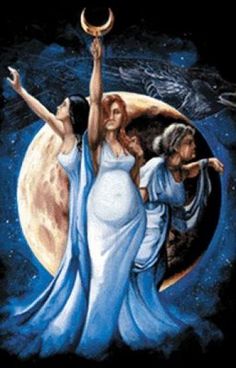 two women in blue dresses are dancing with the moon behind them and one woman is holding her arm up