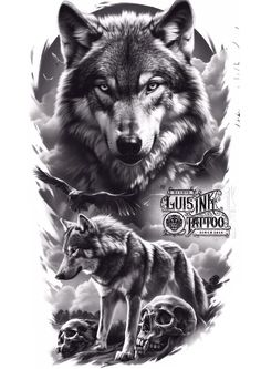 an image of two wolfs with skulls in the background