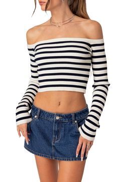 Fun and flirty style is here to stay as this rib top attests with a shoulder-and-midriff-baring silhouette and ample stretch for weekend-ready movement. Off-the-shoulder neck Long sleeves 45% polyester, 45% rayon, 10% spandex Machine wash, dry flat Imported Trendy Off-shoulder Knit Top, Striped Ribbed Stretch Crop Top, Trendy Ribbed Knit Top For Day Out, Trendy Fitted Striped Knit Top, Striped Ribbed Cropped Tops, Fitted Knit Off-shoulder Top, Chic Striped Ribbed Tops, Trendy Striped Stretch Knit Top, Spring Ribbed Off-shoulder Tops