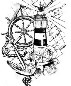 a black and white drawing of a lighthouse with a compass on it's side