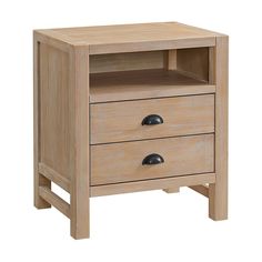 a wooden night stand with two drawers on one side and an open drawer on the other