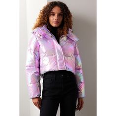 Purple metallic nylon (100% Polyester, Filler: 100% Polyester). Lining (100% Polyester). Puffer. Long sleeves. Collar. Front zipper closure. 19" from shoulder to hemline. Imported. Iridescent Fitted Long Sleeve Outerwear, Metallic Long Sleeve Outerwear With Zipper, Fitted Iridescent Outerwear For Winter, Fitted Iridescent Outerwear For Fall, Trendy Fitted Shiny Outerwear, Trendy Iridescent Outerwear For Fall, Shiny Long Sleeve Winter Outerwear, Shiny Fitted Fall Outerwear, Shiny Fitted Outerwear For Fall