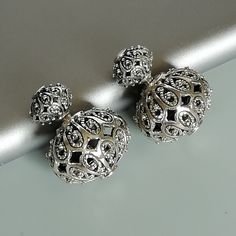 IMPORTANT **Please go through all the pictures i have posted for a listing with a ruler, on a model, on my hand, to get an exact idea of the actual size of the item.A pair of sterling silver filigree ball studs. The small ball can be inserted into the big ball for closure. Dimensions: Small ball: 7.5 x 8.5mm Big ball: 13 x 16 mm Weight:10.4 gm Price listed is for a PAIR of hoops. These earrings are made of 925 hypoallergenic sterling silver Can be packaged in a gift box. I can include a personal Filigree Earrings, Sterling Silver Filigree, Silver Accessories, Silver Gifts, Silver Filigree, Silver Earrings Dangle, Bohemian Jewelry, Sterling Earrings, Personal Message