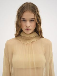 Chloé Ruffled Mini Dress In Silk Mousseline | Chloé US Beige Chiffon Mini Dress With Ruffles, Luxury Sheer Summer Dresses, Chic Silk Chiffon Dress With Sheer Sleeves, Luxury Spring Dress With Sheer Sleeves, Chic Sheer Silk Chiffon Midi Dress, Luxury Dress With Sheer Sleeves For Spring, Luxury Dresses With Sheer Sleeves For Spring, Elegant Voluminous Mini Dress For Summer, Chic Sheer Silk Dress