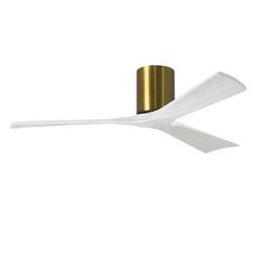 a white ceiling fan with two blades attached to it's blade and the blades are gold