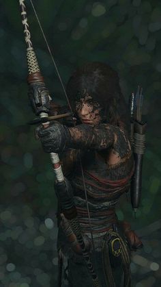 a woman dressed in black holding a bow and arrow