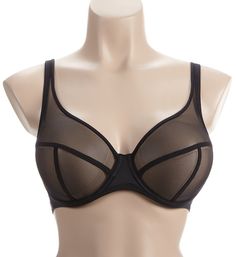 See-through cup bra features supportive fabrics to shape and support you for an ideal look. Multipart underwire cup is unlined (unpadded), sheer, non-stretch mesh with a fine texture. Taping along the angled and vertical outer seams. Apex neckline has soft non-stretch binding. Exposed elastic binding along bottom front has a soft feel and keeps fit close to you. Center - opaque arched panel. Front sides are sheer mesh with two bands of elastic sewn onto outside, with microfiber at back and elast Fitted Black Nursing Bra With Removable Cups, Fitted Nylon Bra With Removable Cups, Black Underwire Nursing Bra With Padded Cups, Black Fitted Nursing Bra With Removable Cups, Contoured Full Cup Bra With Padded Cups, Black Full Coverage Bra With Removable Cups, Underwire Mesh Bra With Removable Pads, Full Cup Mesh Bra With Removable Pads, Black Nylon Bra With Padded Cups