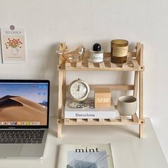 Two Level Desk Shelf | Desk Shelf Wooden Stationery, Pot Rack Kitchen, Desk Display, Desktop Shelf, Stationery Organizer, Wooden Desk Organizer, Dorm Inspo, Spice Storage, Table Shelves