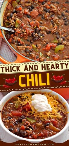 a bowl of beef and bean chili with sour cream on top, in front of an orange sign that says thick hearty beef & bean chili