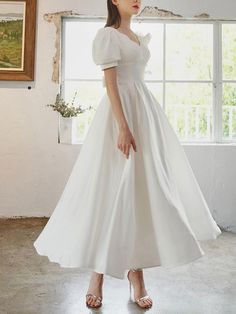 Fl Outfits, Chifon Dress, White Bridesmaid Dress, Formal Dresses White, Plain White Dress, Short Sleeve Prom Dresses, Prom Dress White, Mini Frock, White Bridesmaid