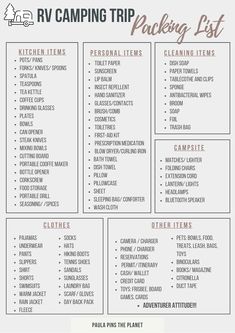 the rv camping trip packing list is shown in this printable version, which includes items for