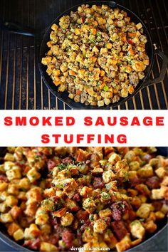 this is an image of smoked sausage stuffing in a skillet and on the grill