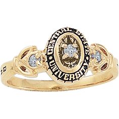 Wear your meaningful Montclair State University ring with a touch of tradition and more than a dash of fashionable design. The central oval-shaped stone is surrounded by Montclair State's name in a traditional showing of pride while the sides resemble jeweled flowers with metal leaves and cubic zirconias. The sides can be customized with your degree letters and graduation year or can be left unaltered for a completely clean look. Add an internal engraving of a personal message just for you. Promise Jewelry With Oval Center Stone, Oval Birthstone Ring With Polished Finish, Oval Center Stone Jewelry For Promise, Oval Center Stone Promise Jewelry, Oval Signet Ring With Accent Stones For Wedding, Wedding Signet Ring With Accent Stones, Oval Wedding Signet Ring With Accent Stones, Classic Oval Rings With Stone Setting, Formal Engraved Oval Ring With Diamond Accents