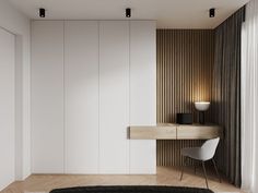 a bedroom with a bed, desk and chair in front of a wooden paneled wall