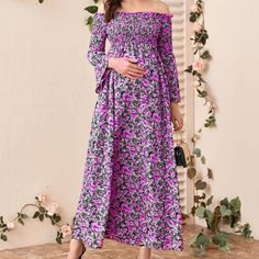 Purple Floral Maternity Dress Spring Floral Print Maternity Maxi Dress, Spring Maternity Wear Floral Print Maxi Dress, Spring Maternity Maxi Dress With Floral Print, Bohemian Maternity Dress For Spring Vacation, Fitted Multicolor Maternity Dress, Non-stretch Spring Maternity Dress, Long Sleeve Floral Print Maternity Dress, Spring Beach Maternity Dress With Long Sleeves, Spring Maternity Beach Dress With Long Sleeves