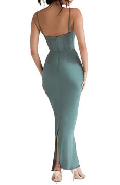 Be the highlight of every glam event in this stunning corset dress cut from silky satin in a curvaceous silhouette for an elegantly seductive look. Exclusive retailer 59 1/2" length Cowl neck Spaghetti straps Polyester/elastane Dry clean Imported Evening Strapless Dress With Fitted Bodice, Satin Strapless Dress With Corset Back For Prom, Strapless Satin Dress With Corset Back For Prom, Fitted Evening Dress With Corset Back For Gala, Fitted Evening Dress With Corset Back And Overbust Shape, Formal Fitted Strapless Dress With Satin Finish, Formal Strapless Satin Fitted Dress, Formal Fitted Strapless Satin Dress, Satin Overbust Dress For Prom