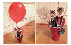 two pictures of elfs in a bucket and one has a balloon attached to it