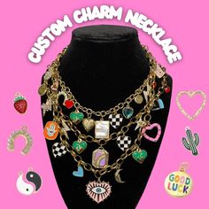 Create your own charm necklace, build a fun chunky gold/silver custom necklace🖤 This baby is BOLD BRIGHT AND SO FUN👽 ⚡️18k Gold Plated Stainless Steel Chain + Hardware  ⚡️Chains are Adjustable up to 20 inches  ⚡️Charms are a mixture of: Gold Plated Charms, Stainless Steel, Brass, Alloy, Resin and Enamel  HOW TO ORDER: STEP 1 Choose your chain style: ⚡️Gold Rolo Chain ⚡️Gold Paperclip Chain STEP 2 Choose how many charms: ⚡️1-21 (Price varies for how many charms) (odd number choices only for a c Customizable Pendant Necklace For Jewelry Making, Custom Charm Necklaces, Charm Necklace Silver, Custom Charms, Gold Charm Necklace, Rolo Chain, Custom Necklace, Gold Charm, Stainless Steel Chain