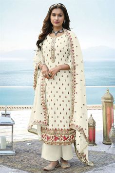 Cream Color Georgette Fabric Admirable Embroidered Salwar Suit Plazzo Designs, Plazzo Dress, Buy Salwar Kameez Online, Diwali Dresses, Diwali Outfits, Celebrity Gowns, Palazzo Suit, Simple Sarees, Salwar Kameez Online