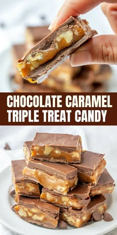 chocolate caramel triple treat candy is stacked on top of each other with the words, chocolate caramel triple treat candy