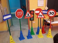 there are many traffic signs in the room