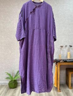 "【Fabric】 Linen 【Color】 purple, beige, brick red 【Size】 Unlimited shoulder width Shoulder + sleeve length 51cm/ 20\" Bust 146cm / 57\" Length 120cm / 47\" Note: the effect of each monitor is different, there will inevitably be color difference, please pay attention to the buyer. Washing & Care instructions: -Hand wash or gently machine washable do not tumble dry -Gentle wash cycle (40oC) -If you feel like ironing (although should not be necessary) , do it with steam or while the dress is still s Purple Tunic Dress For Summer, Purple Tunic Summer Dress, Summer Purple Tunic Dress, Long Casual Purple Dress, Casual Long Purple Dress, Purple Short Sleeve Midi Dress For Daywear, Elegant Purple Tunic Dress, Spring Purple Tunic Maxi Dress, Purple Short Sleeve Dress For Daywear