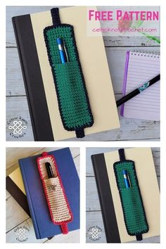 crochet bookmark with pen and pencil holder made out of an empty notebook