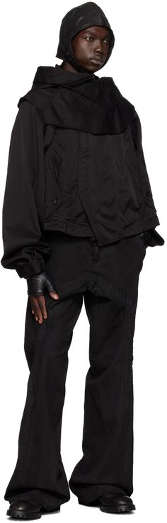 Rayon- and cotton-blend ratiné jacket. · Velcro tab at hood · Stand collar · Two-way zip closure with press-stud placket · Welt pockets · Cutout at underarms · Velcro tab cuffs · Asymmetric storm flap at back · Unlined Supplier color: Black Utility Jacket With Detachable Hood For Work, Long Sleeve Utility Jacket With Detachable Hood For Work, Winter Cotton Outerwear With Zip Cuffs, Cotton Outerwear With Zip Cuffs For Winter, Fitted Outerwear With Snap Cuffs For Work, Hooded Cotton Outerwear With Zip Cuffs, Long Sleeve Utility Jacket With Zip Cuffs For Streetwear, Utility Jacket With Zip Cuffs For Streetwear, Black Utility Hooded Jacket With Double-lined Hood