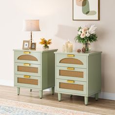 two green chests with wicker drawers in a living room